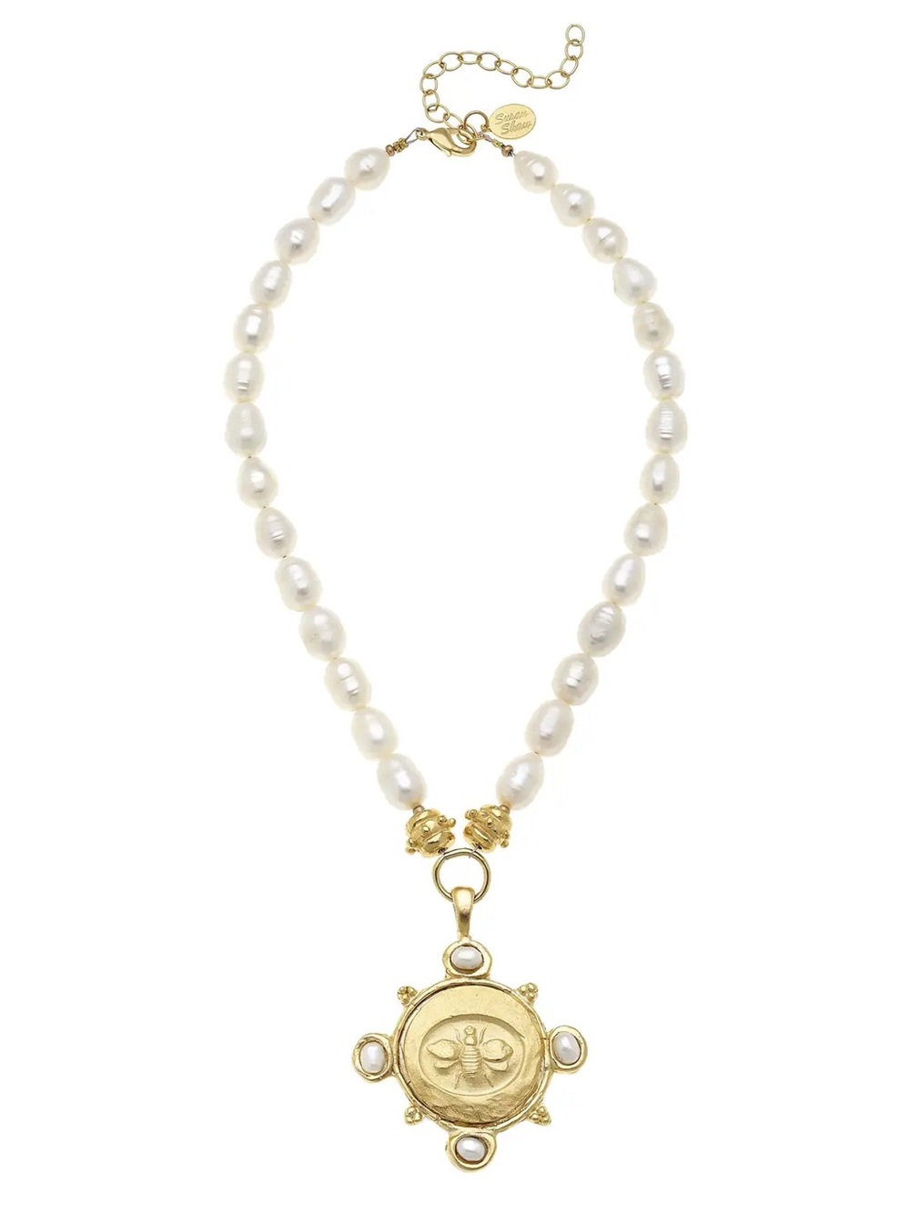 Gold Bee Medallion Pearl Necklace - White Pearls